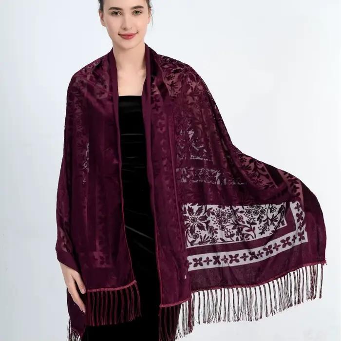 Velours Floral évider écharpe rétro ethnique gland écharpe velours Pashmina étole Babushka musulman Hijab plage Cheongsam châle