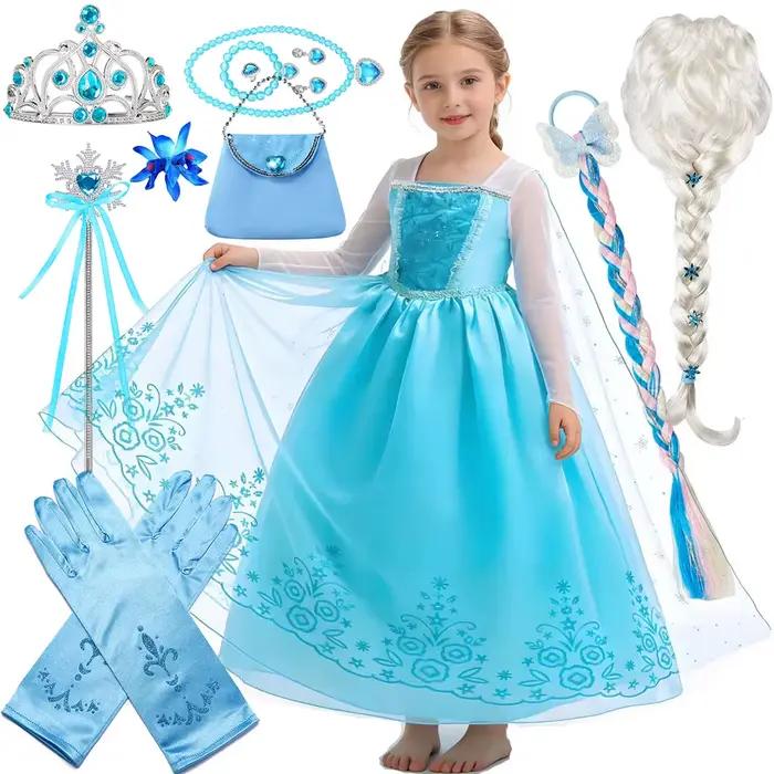 Robe de carnaval Elsa bleue à manches longues pour fille, tenue de fête d'anniversaire, costume de cosplay Elsa classique pour filles de 2 à 10 ans