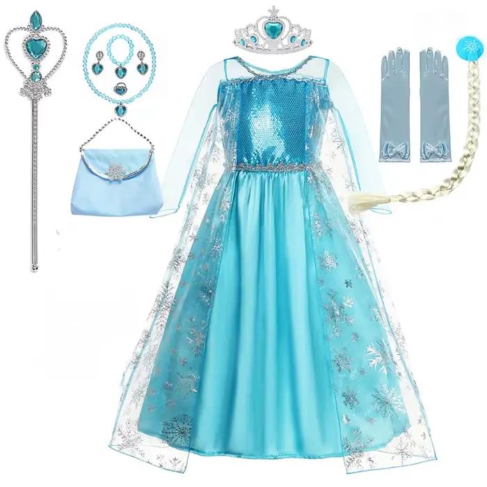 Robe Elsa pour filles, longue robe en maille Elsa, Costume de carnaval reine des neiges, robe Cosplay, robe de bal pour fête d'anniversaire