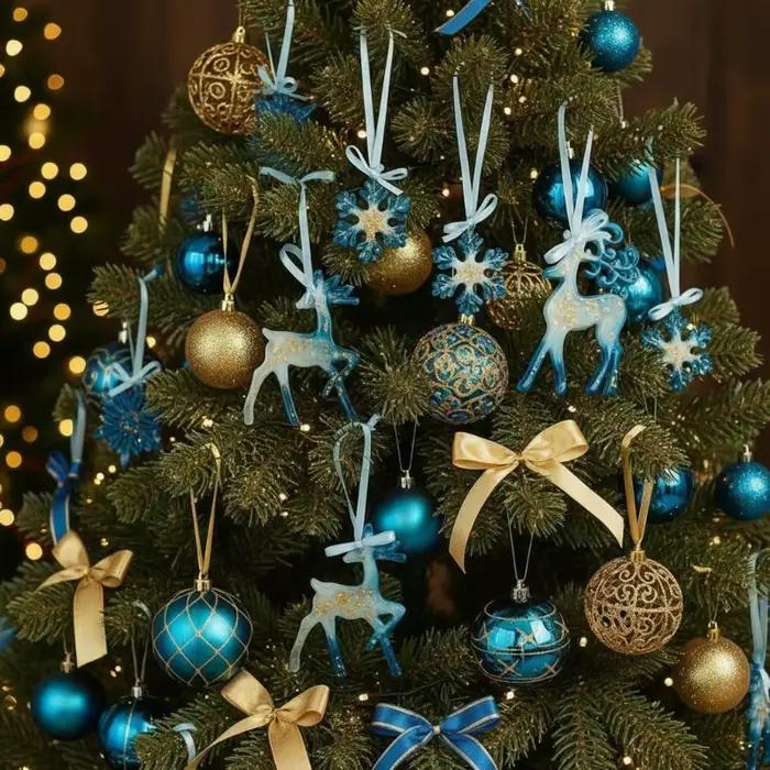 Ornements noël en résine: décor vacances bleu or, décorations noël, flocons neige renne, suspension d'arbre