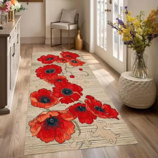 Tapis à fleurs de coquelicot rouge, style Art Déco, tapis de couloir, tapis de zone, tapis botanique bohème, tapis de cuisine, tapis artistique pour chambre à coucher, tapis de salon