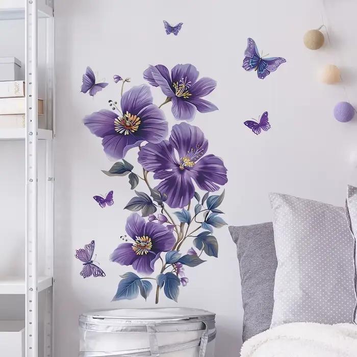 Autocollants muraux papillons et fleurs violettes pour salon et chambre à coucher – Décoration murale auto-adhésive