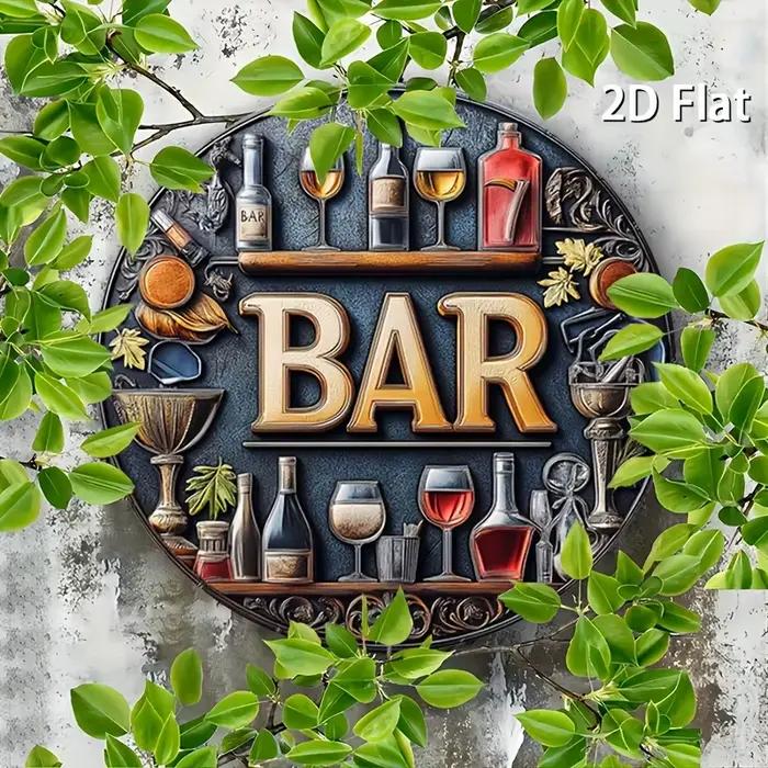 Peinture sur planche de bois haute définition, enseigne de bar vintage, art mural rond, plaque décorative rétro avec bouteille de liqueur et verre à vin, 2D F
