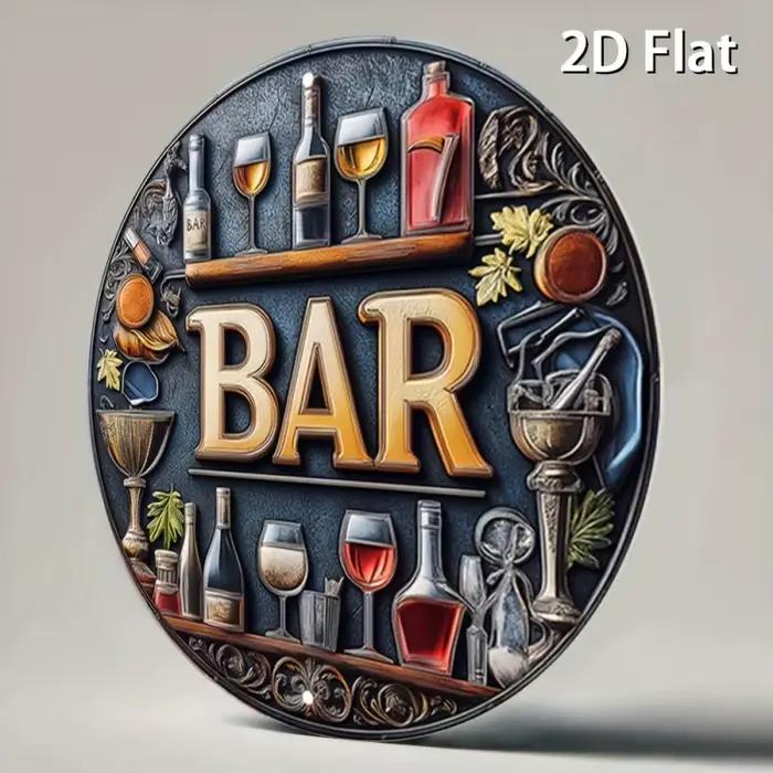 Peinture sur planche de bois haute définition, enseigne de bar vintage, art mural rond, plaque décorative rétro avec bouteille de liqueur et verre à vin, 2D F