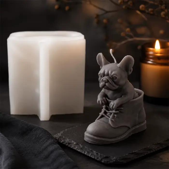 Moule en silicone 3D Bouledogue Français pour bougie, chiot en botte, moule de fabrication de bougies, moule artisanal en cire DIY, décoration d'intérieur, cadeau fait main