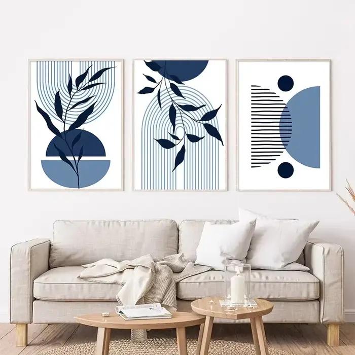 Boho bleu abstrait moderne mur Art impression soleil géométrique ligne feuille toile peinture nordique affiches décor photos pour salon