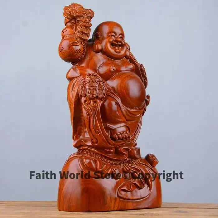 Statue de Bouddha Maitreya en bois rouge faite à la main