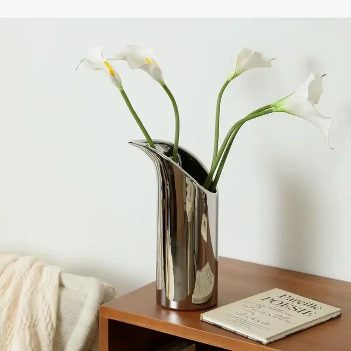 Vase en céramique argenté géométrique à ouverture inclinée pour calla, pot d'arrangement floral, accessoires de décoration intérieure