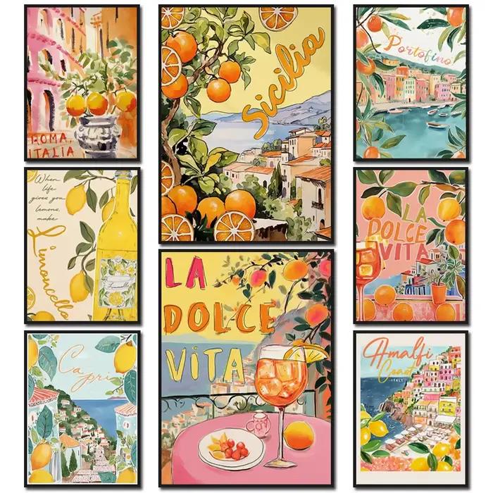 Affiches et imprimés de citron La Dolce Vita, peinture sur toile rétro Spritz, Santorin italie, affiche d'art murale de voyage, décor de salon