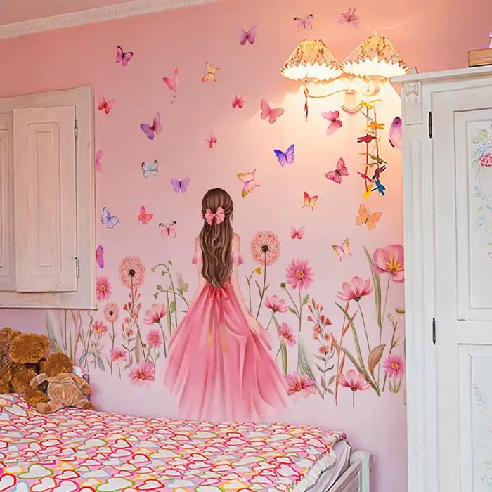 Autocollants muraux de dessin animé fleurs et papillons pour chambre d'enfant décoration de maison occasion spéciale