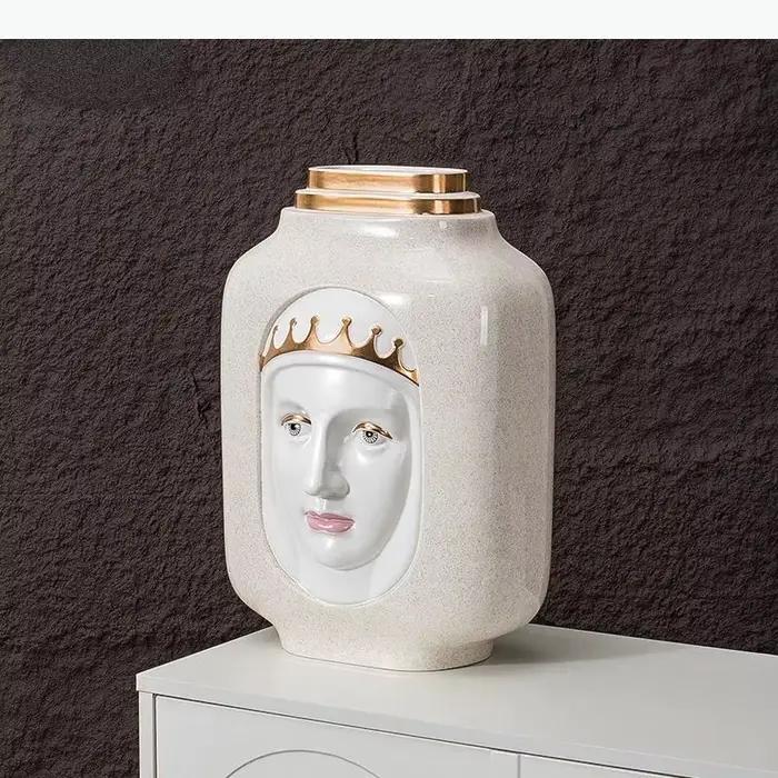 Vase en céramique, personnage de dessin animé abstrait, visage de la reine, vase à fleurs, sculpture, artisanat en céramique, accessoires de décoration pour la maison