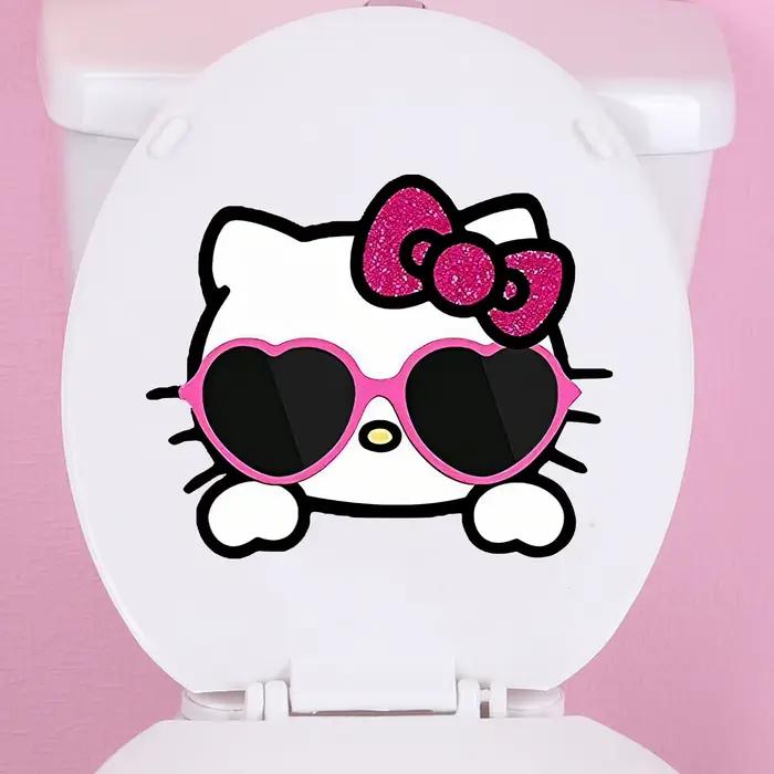 Autocollants muraux Kawaii Hello Kitty, autocollants muraux amovibles Cool Cat Pink Bow Heart Sunglasses pour la décoration de la chambre à coucher, de la salle de bain et des placards
