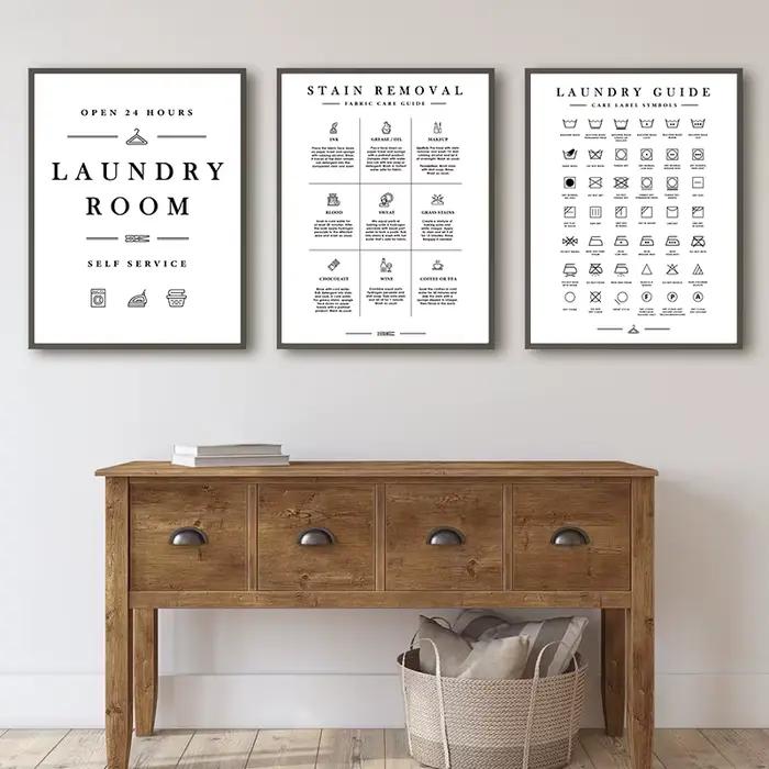 Panneau de buanderie, Art mural imprimé, symbole de buanderie, peinture sur toile, Guide de soins du linge, affiches et imprimés, décoration d'images murales