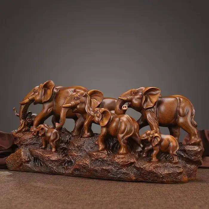 Statue d'éléphant en résine style sculpture sur bois, décoration d'intérieur, ornement de bureau, cadeau de pendaison de crémaillère pour salon et entrée