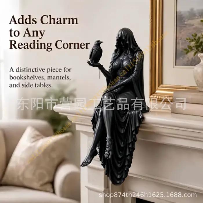 Statue Gothique Dame Sans Visage Corbeau en Résine Noire