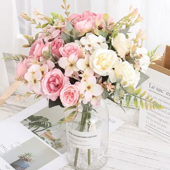 Roses artificielles d'automne en soie, décoration de maison, pivoine, hortensia, grand Bouquet de mariée, mariage, fête à domicile, décoration DIY, fausses fleurs