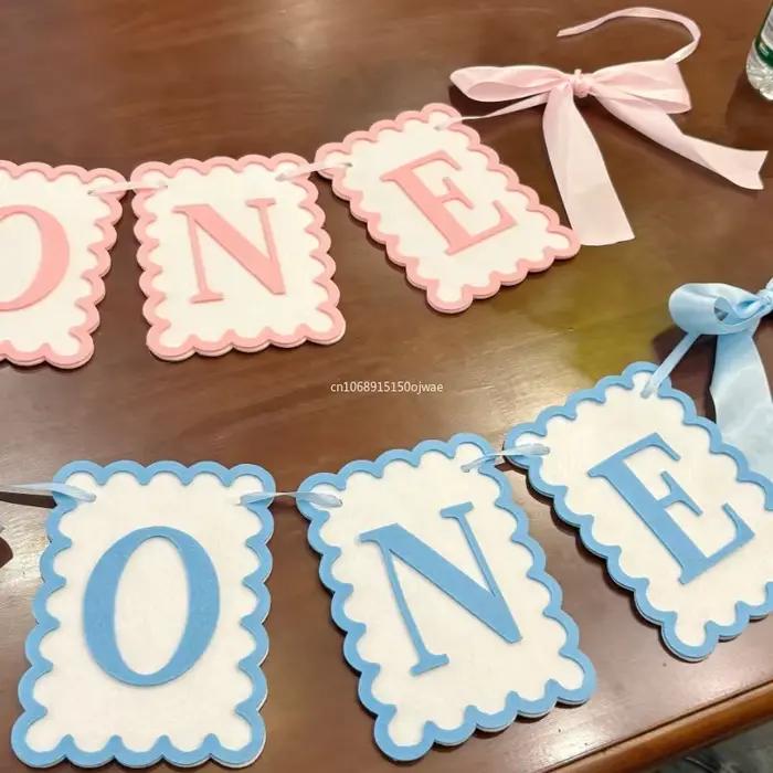 Rose bleu une lettre bannière fond décoration murale un an bébé 1er anniversaire fête faveur