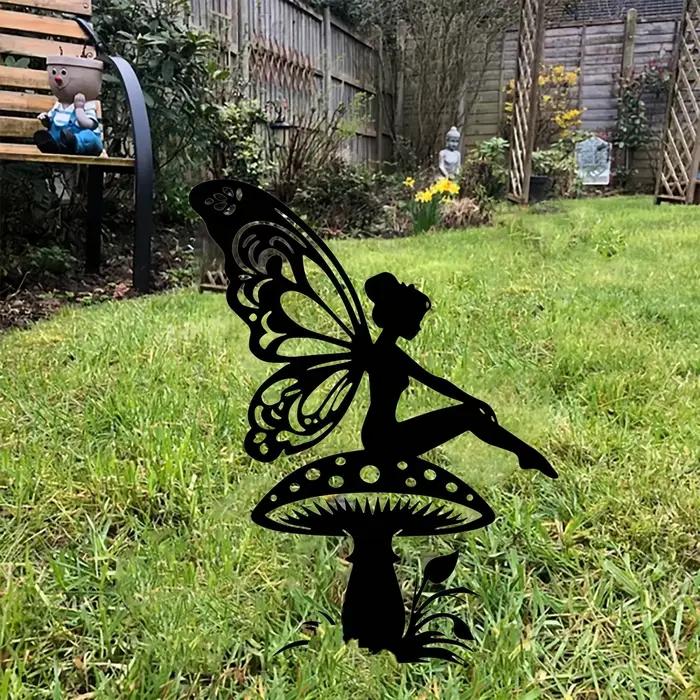 Art déco métal champignon fées jardin thème mur Sculpture elfes maison fer fée décor œuvre signe extérieur décoratif cadeaux