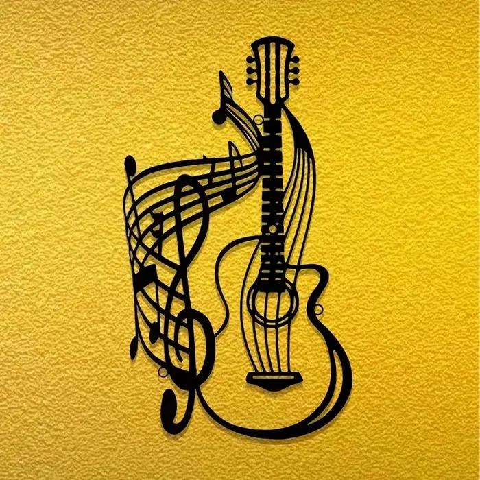 Art mural de guitare de partition de musique vintage – Décor de silhouette en métal forgé à la main pour espaces