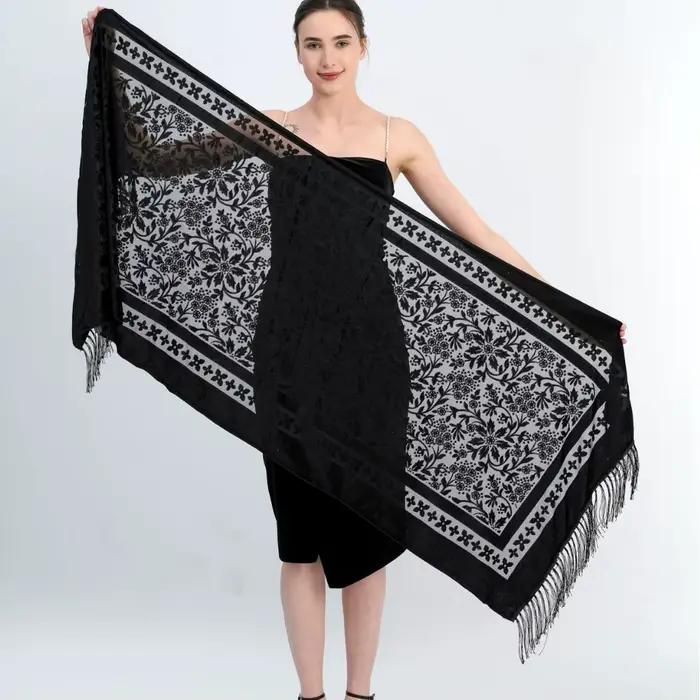 Velours Floral évider écharpe rétro ethnique gland écharpe velours Pashmina étole Babushka musulman Hijab plage Cheongsam châle