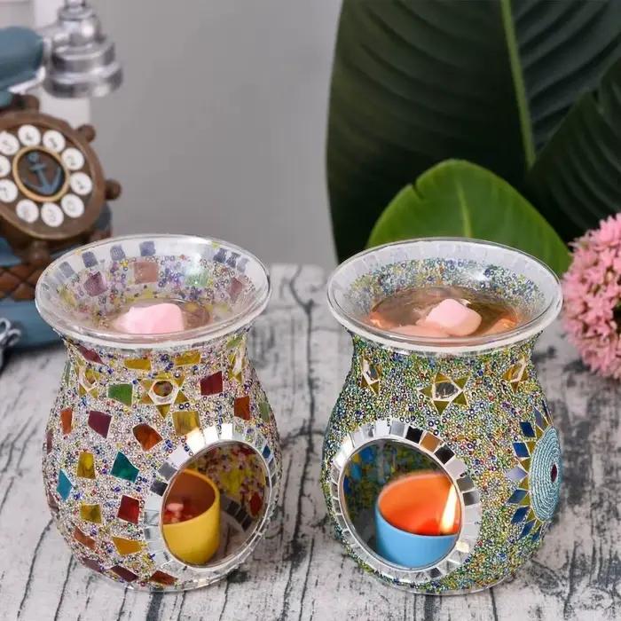Bougeoir Aromatique en Verre Mosaïque Coloré avec Diffuseur d'Huile Essentielle pour Salon Occasions Spéciales Décoration Intérieure Relaxation Atmосhère Romantique