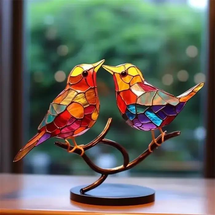Vitrail oiseaux sur branche, ornements de bureau, oiseaux multicolores Double face en alliage, série d'oiseaux, décorations acryliques