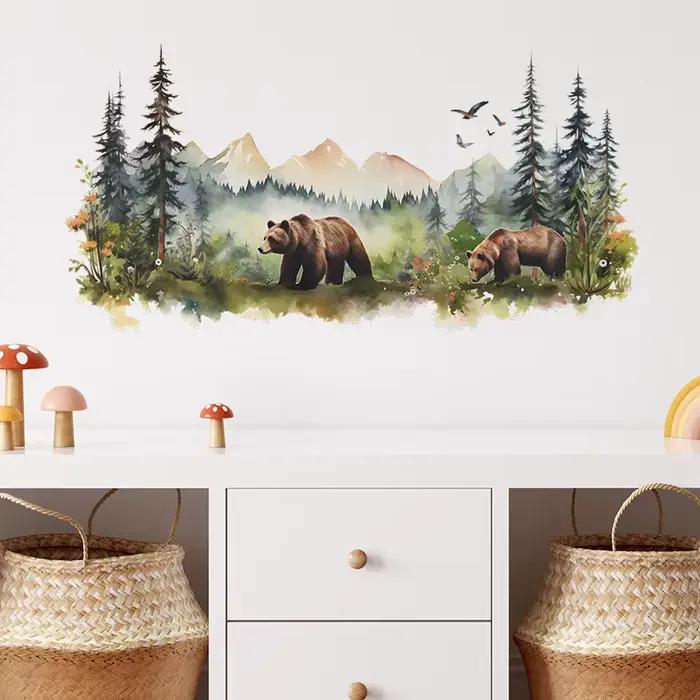 Autocollants muraux ours brun forêt peint
