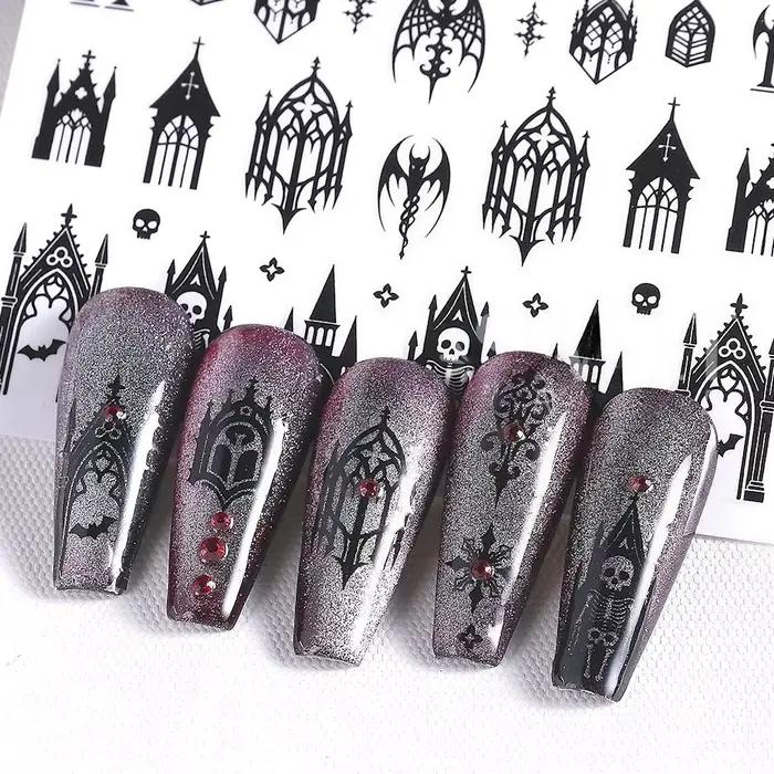 Autocollants gothiques 3D noirs pour ongles halloween design alphabet lettres chateau dentelle crâne nail art occasionnels
