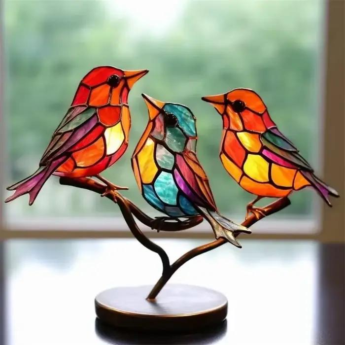 Vitrail oiseaux sur branche, ornements de bureau, oiseaux multicolores Double face en alliage, série d'oiseaux, décorations acryliques