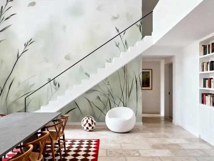 Papier peint mural sur mesure avec texture aquarelle feuilles vert sauge pour chambres