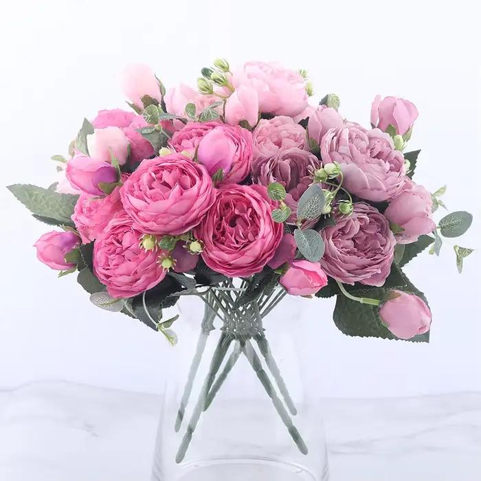 Bouquet de fleurs artificielles de pivoine rose, Vase de Table pour la maison, décor de mariage, fausses fleurs d'intérieur, Arrangement de fête de jardin de noël