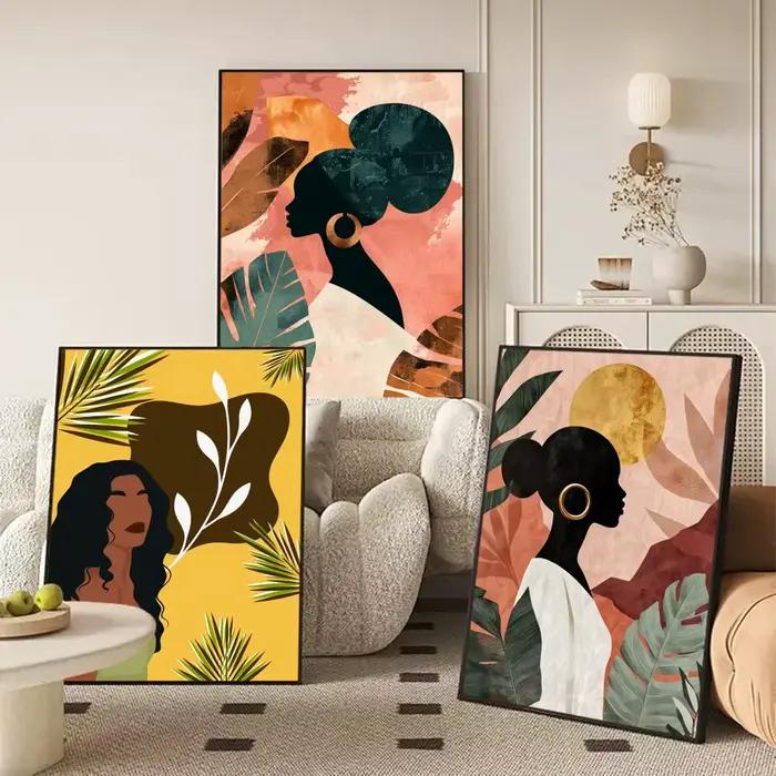 Affiche abstraite de feuilles de fleurs de femme africaine