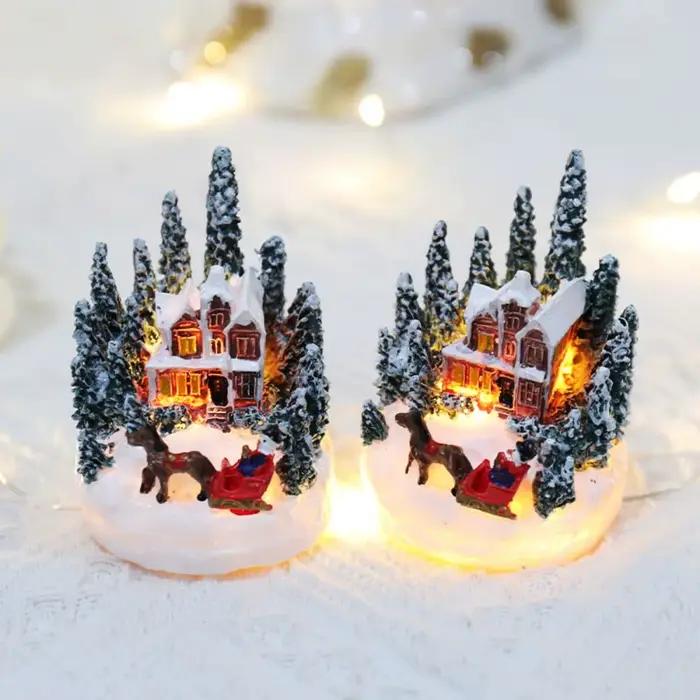 Figurines de maison de Village de noël à lumière Led, dessin animé créatif, ornements de ville de noël, bricolage artisanal, lampe de nuit