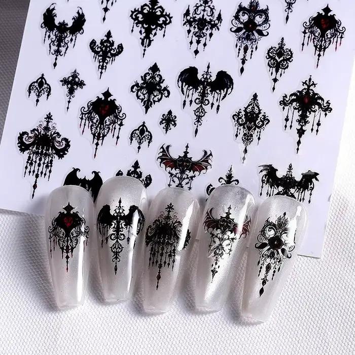 Autocollants gothiques 3D noirs pour ongles halloween design alphabet lettres chateau dentelle crâne nail art occasionnels