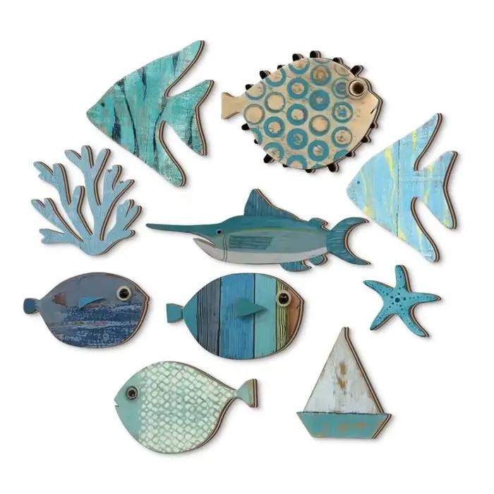Lot de 10 décorations murales en bois en forme de poisson