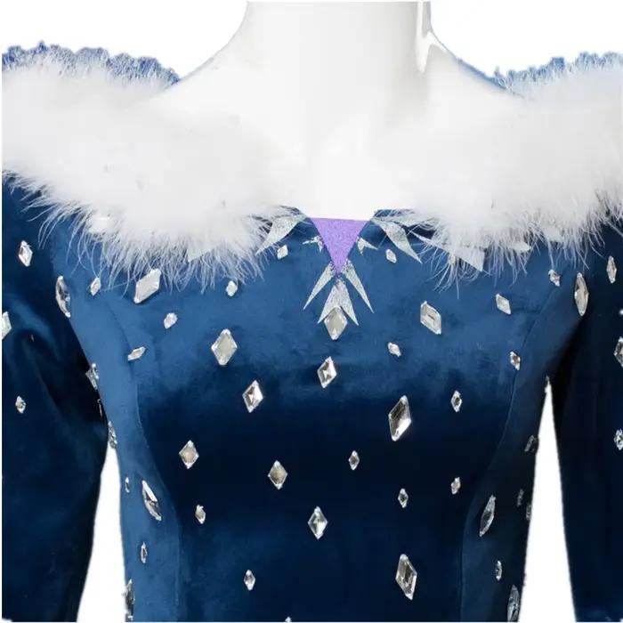 Robe de cosplay Elsa, jupe longue en velours bleu profond, col en peluche, cape brodée de flocons de neige, costume de fête ou d'exposition