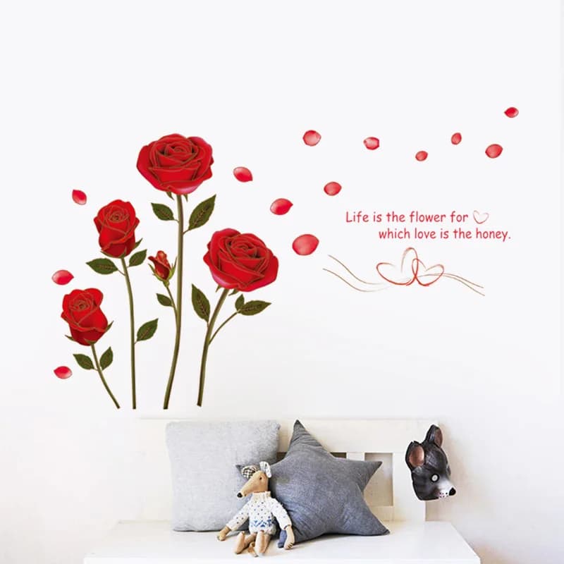 Autocollant mural romantique rose rouge pour chambre à coucher, salon, fond de canapé, décoration in