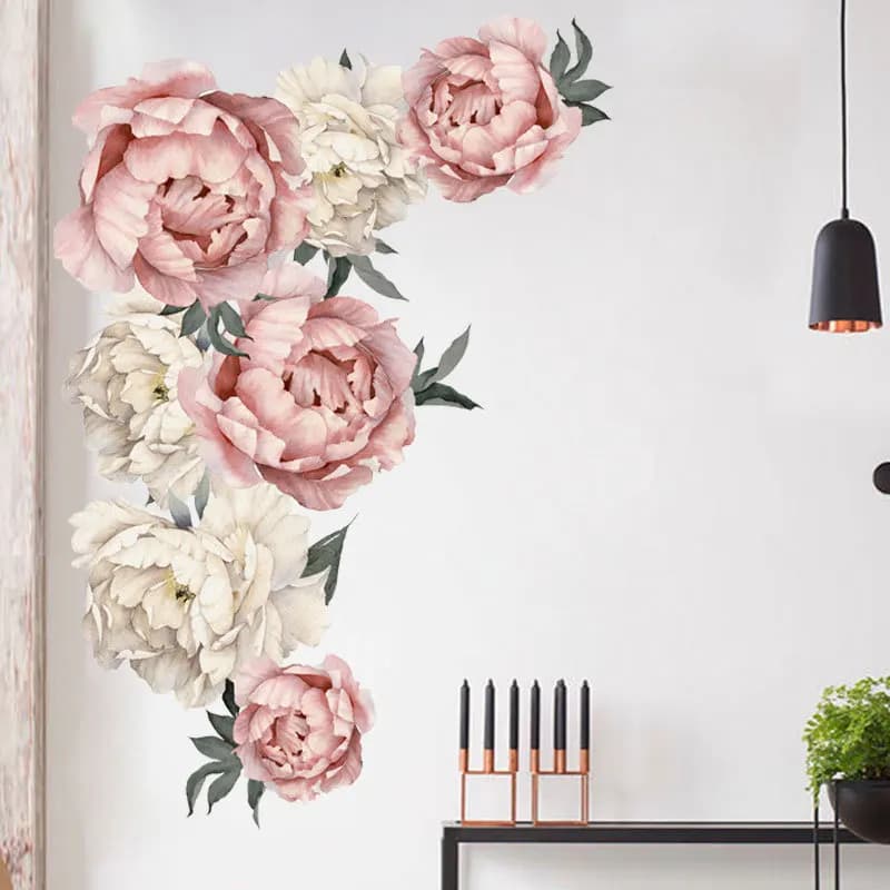 Autocollant mural en forme de fleurs de pivoine et de rose, pour décoration de fond de salon, chambr