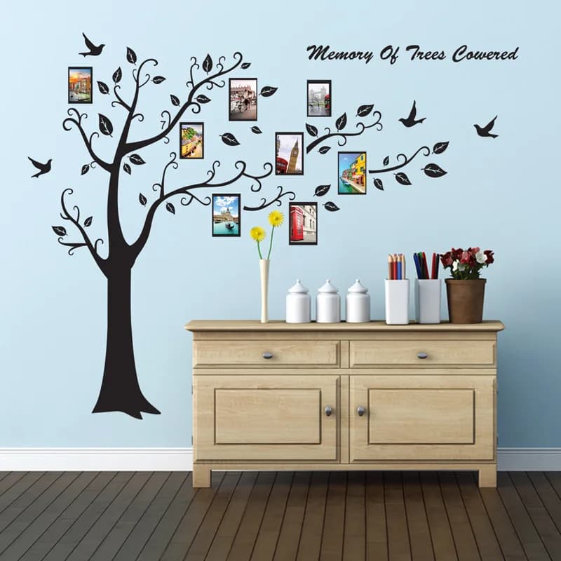 Autocollants muraux 3D DIY grand format en noir avec motif arbres et mémoire, adhésifs pour salon, m