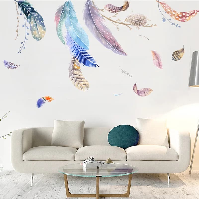 Autocollant mural en plumes colorées de style moderne, pour salon, décoration de fond de canapé, déc