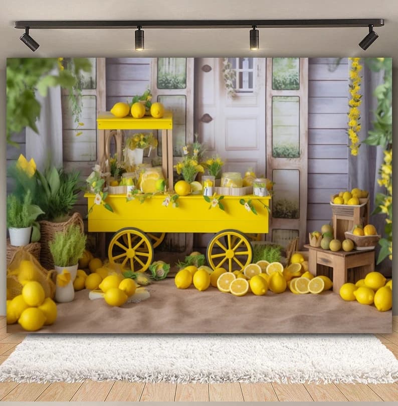 Fond de photographie sur le thème de la ferme de citron plante verte mur en bois rétro fruits bébé 1