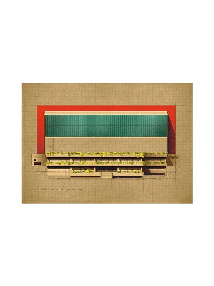 Lina Bo Bardi, Musée d'Art de São Paulo, 1956-1968, Art mural, Dessin de bâtiment vintage, Peinture 