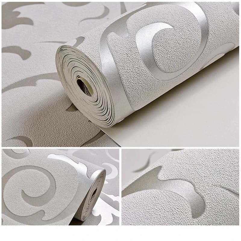 Rouleau de papier peint en relief damassé victorien gris 3D, revêtements muraux floraux argentés, dé