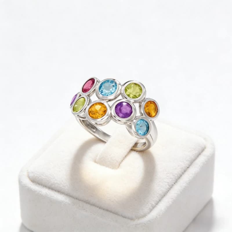 Bague classique tendance incrustée de zircone synthétique multicolore plaquée argent pour femme, bij