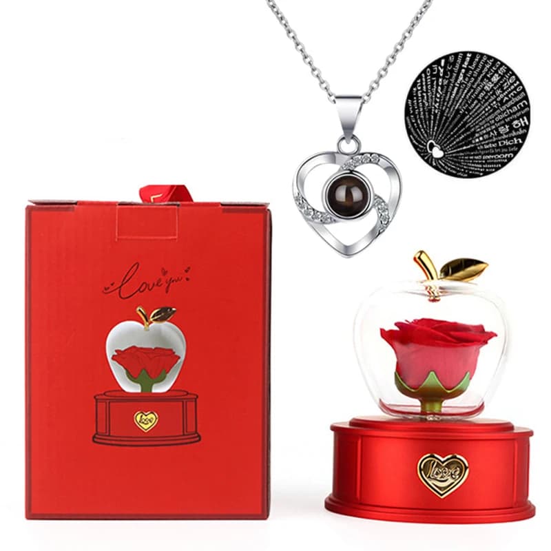 Boîte à roses véritable conservée en forme de pomme avec collier I Love You, cadeau de fleur éternel