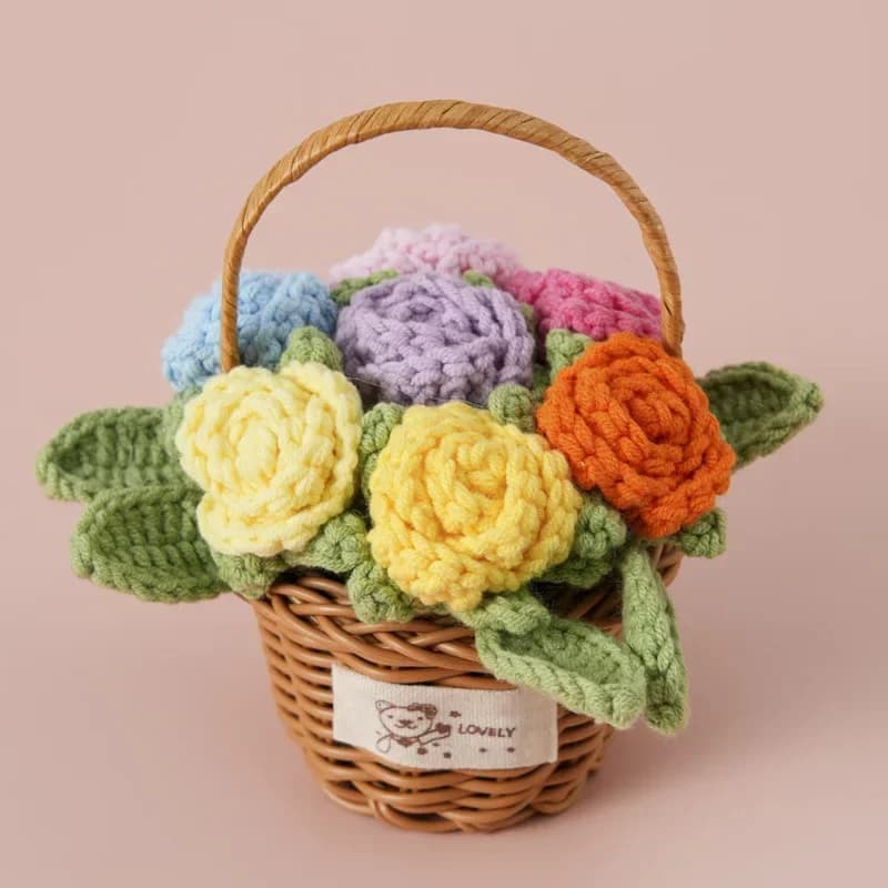 Panier de fleurs tricoté de Roses au Crochet, décor de mariage romantique, Bouquet créatif de fausse