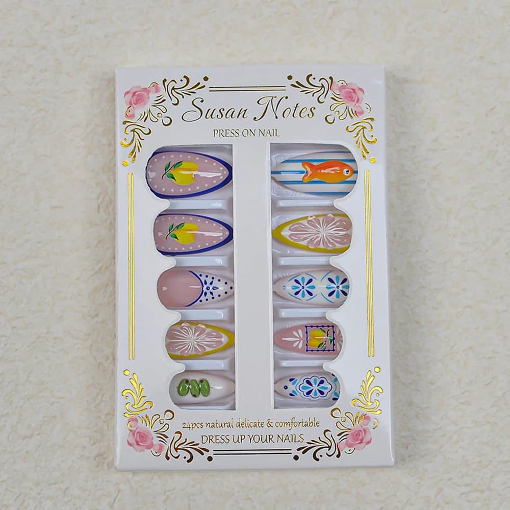 24 faux ongles français mignons à presser, motif citron, pour l'été, taille moyenne, en amande, pour