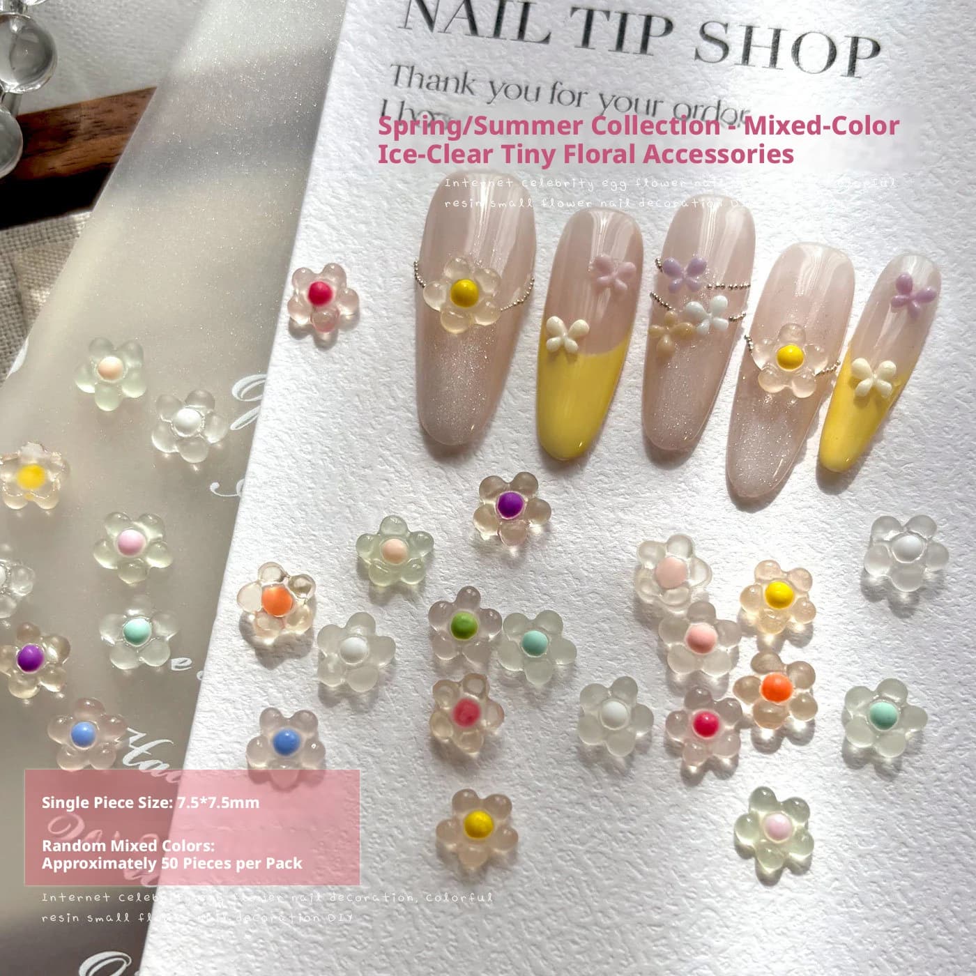 YYM 50PCS Décoration d'ongles élégante en résine, fleurs à cinq pétales pour le printemps et l'été, 