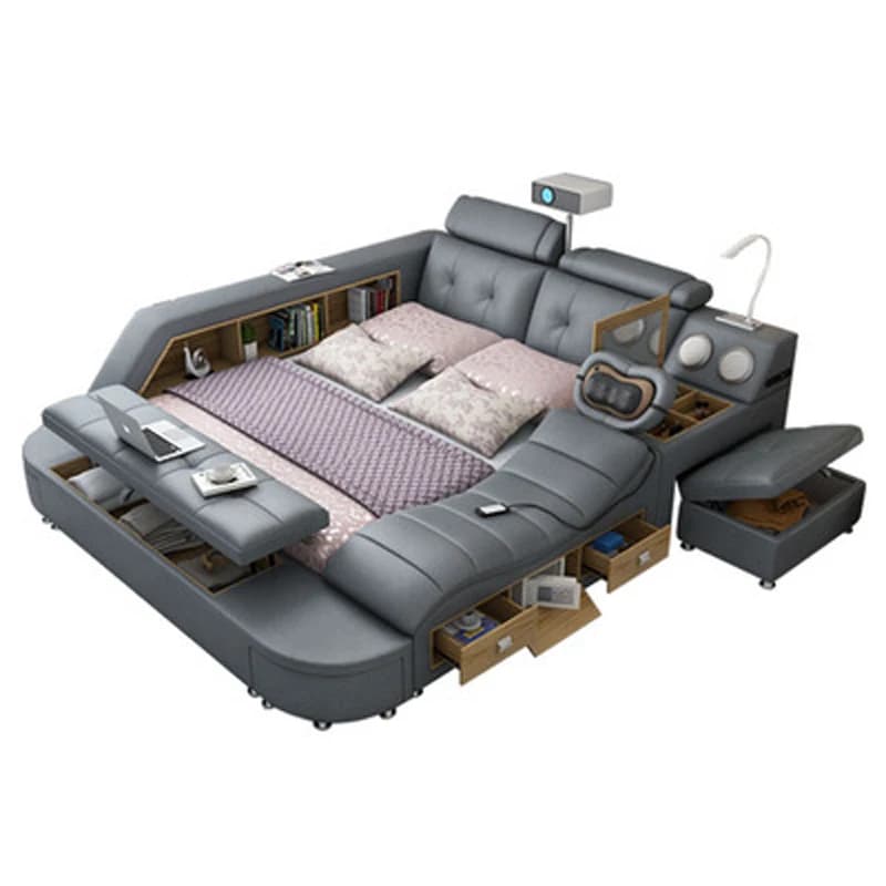 Lit intelligent de luxe rembourré avec étagères, ports USB, commode pliable, tiroirs et rangement in