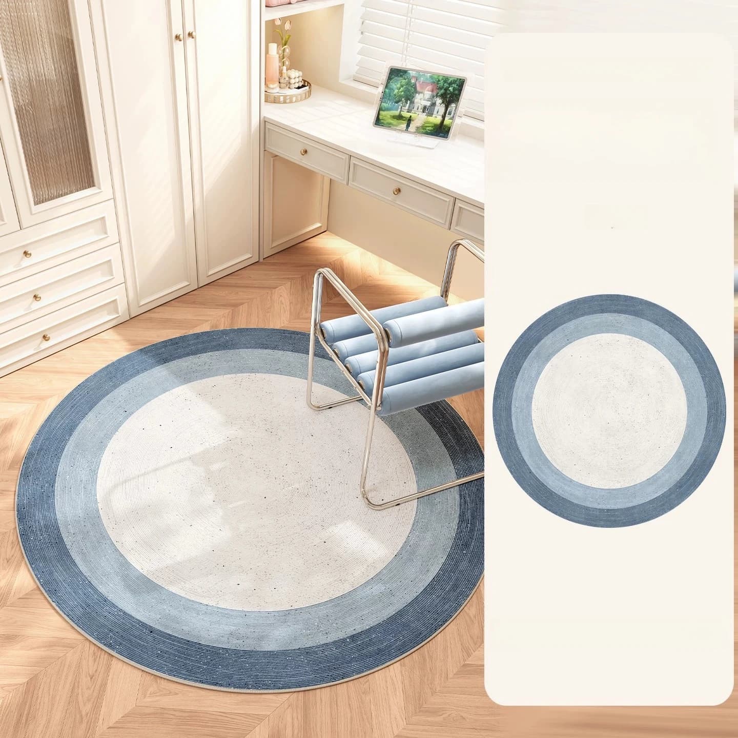 Tapis rond bleu style INS pour chambre à coucher, tapis de salon lavable, tapis imperméable antidéra
